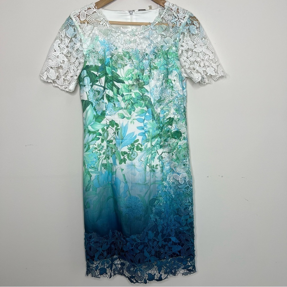 Elie Tahari Short-Sleeve Lace-Trim Ombre Organdy Dress, Green Pattern Size 4 - Picture 3 of 12